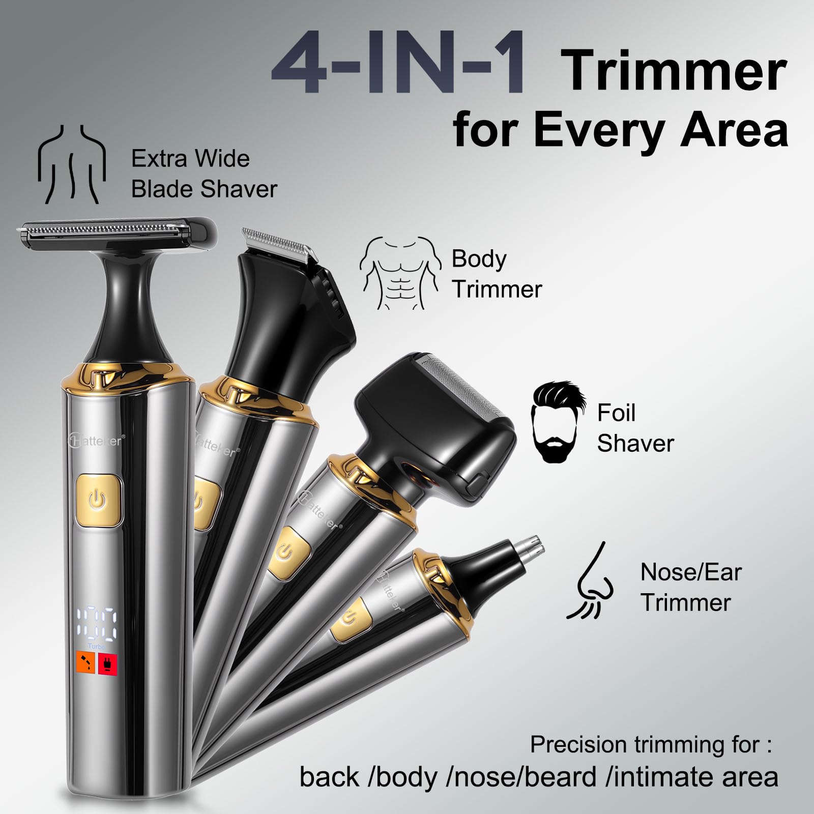 Hatteker precision body trimmer for sensitive areas with skin-friendly blades.