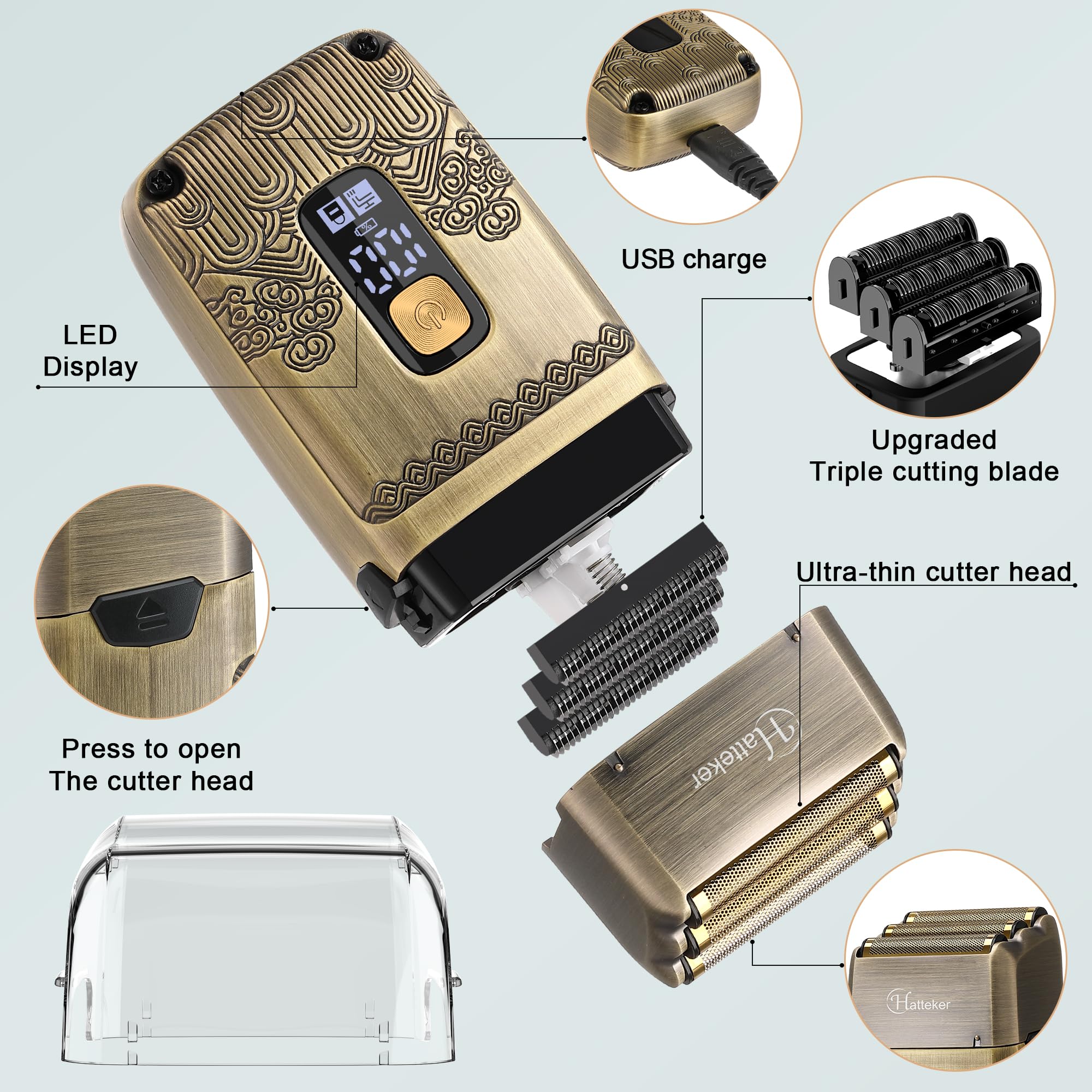 Hatteker triple-foil shaver head provides a close, comfortable finish