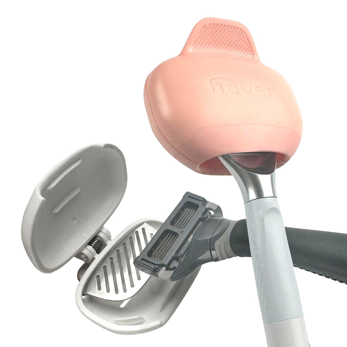 Haven clip-on razor protector white cover fits most razors and protects blades on travel