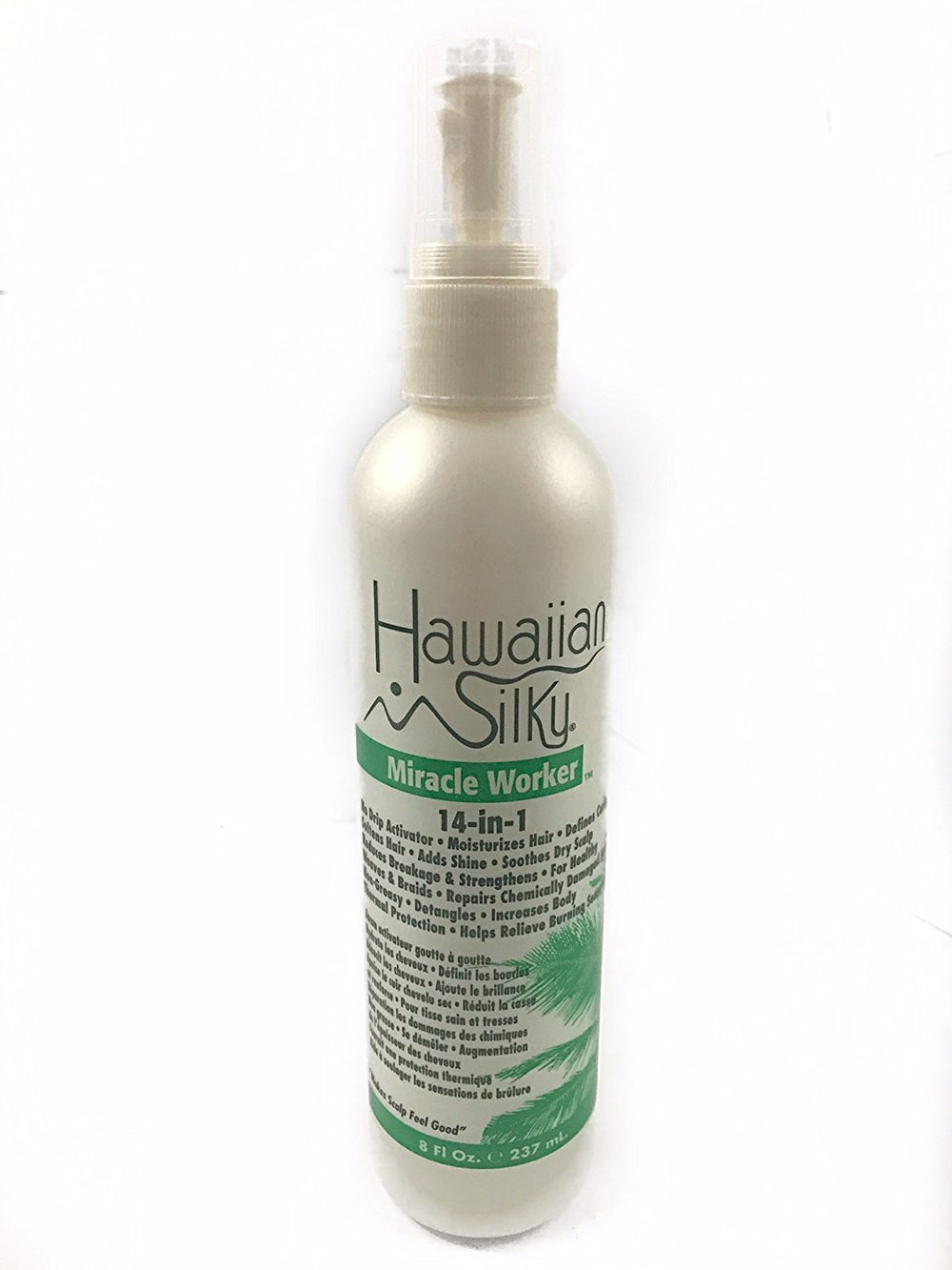 Hawaiian Silky 14-in-1 Miracle Worker hair application shows a lightweight, heat-protective styling aid.