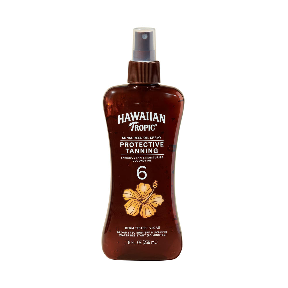 Aceite bronceador oscuro de Hawaiian Tropic en aerosol, hidrata y ayuda a un bronceado uniforme.
