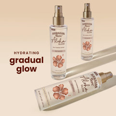 Aplicación rápida de Hawaiian Tropic Aloha Glow Water para tono uniforme.