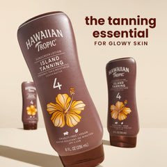 Hawaiian Tropic Island Tanning Lotion SPF 4 packaging with tropical vibe