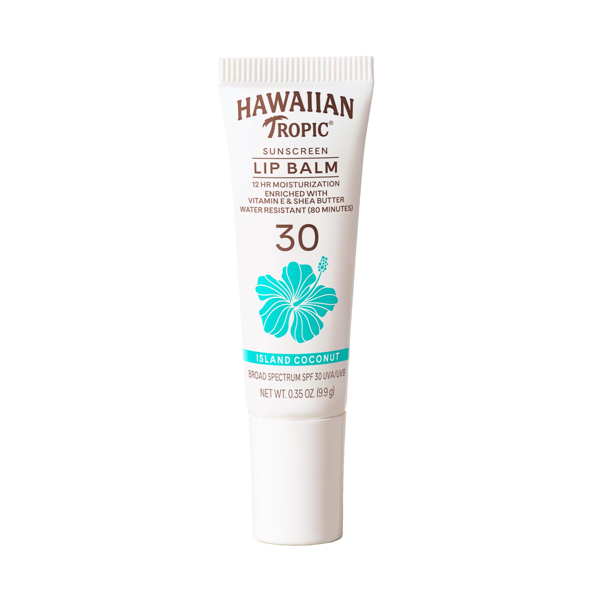 Hawaiian Tropic lip sunscreen SPF 30 island coconut tube provides hydration for sun-kissed lips.