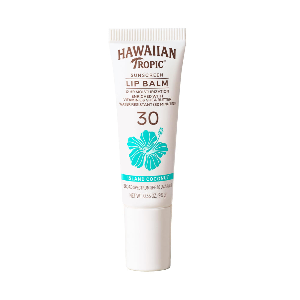 Hawaiian Tropic lip sunscreen SPF 30 island coconut tube provides hydration for sun-kissed lips.