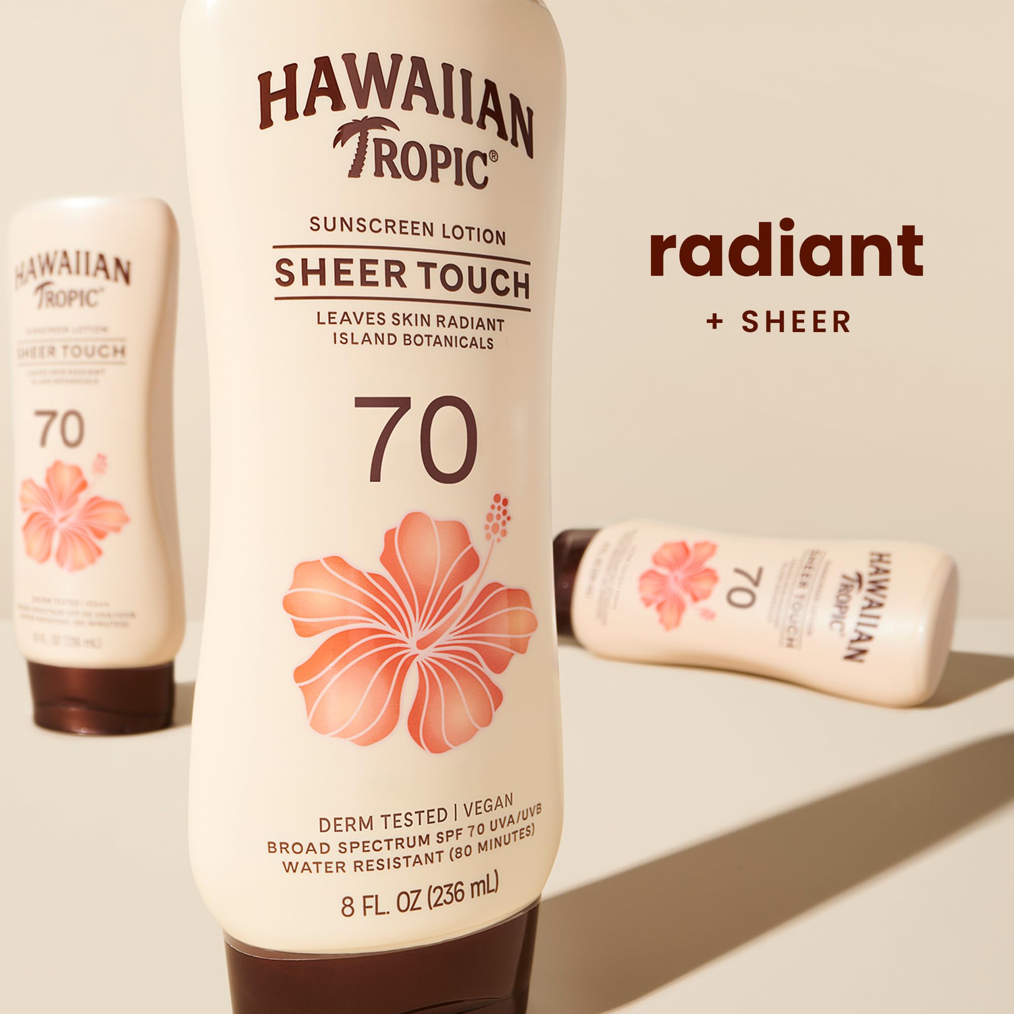 Etiqueta de Hawaiian Tropic Sheer Touch SPF 70 con protección UVA/UVB confiable