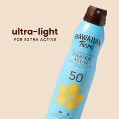Hawaiian Tropic SPF 50 clear spray on skin.