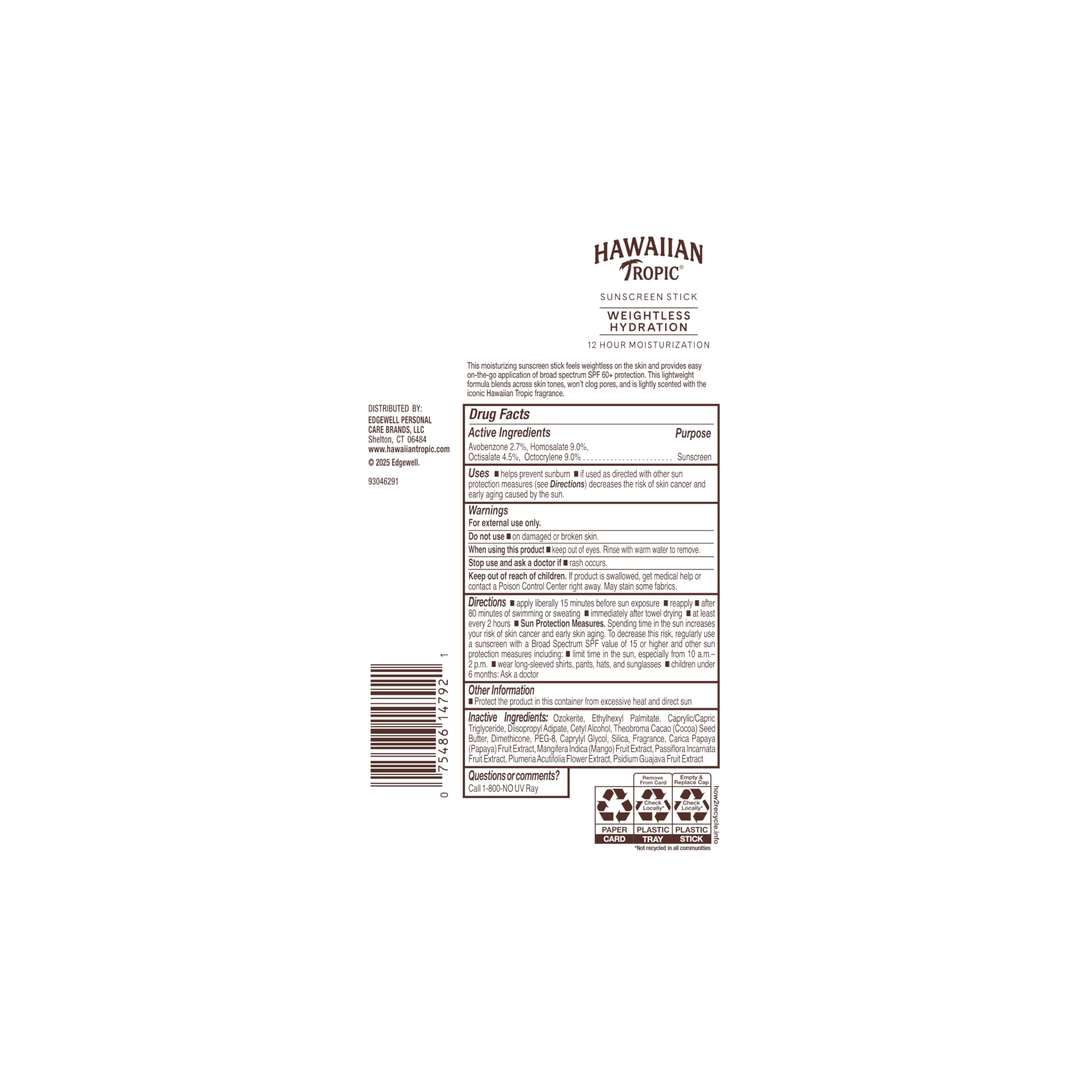 Hawaiian Tropic Stick SPF60 fragancia tropical para actividades al aire libre.