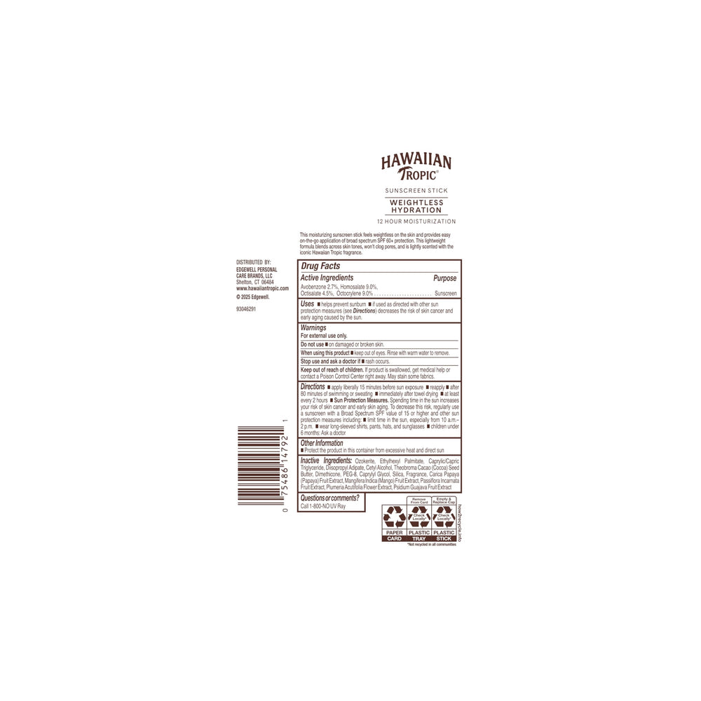Hawaiian Tropic Stick SPF60 fragancia tropical para actividades al aire libre.