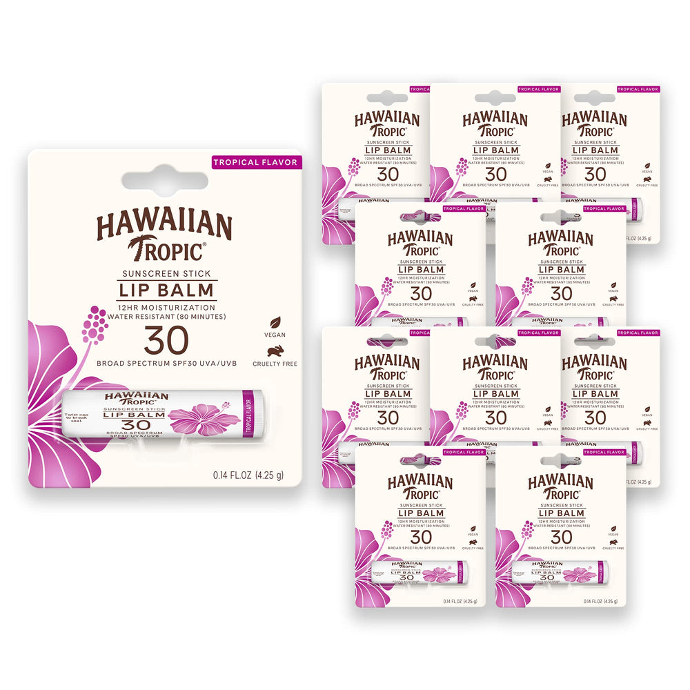 Hawaiian Tropic Tropical Lip Balm SPF 30 — front view, travel-ready protection for sunny days.