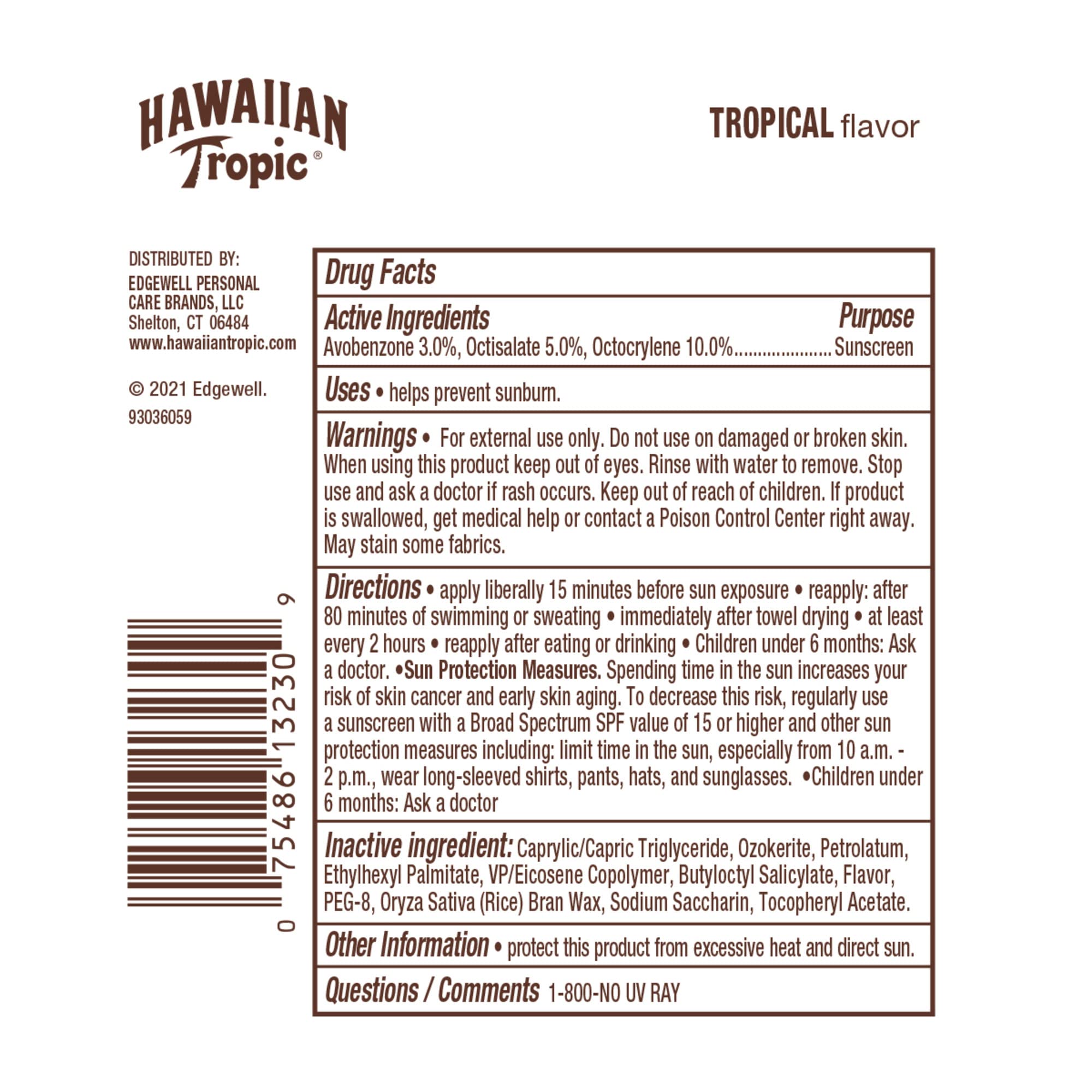 Hawaiian Tropic Tropical Lip Balm SPF 30 — packaging graphic highlights 0.14 oz per tube.
