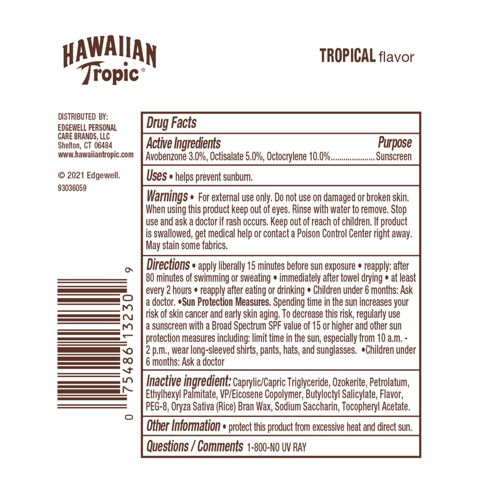 Hawaiian Tropic Tropical Lip Balm SPF 30 — packaging graphic highlights 0.14 oz per tube.