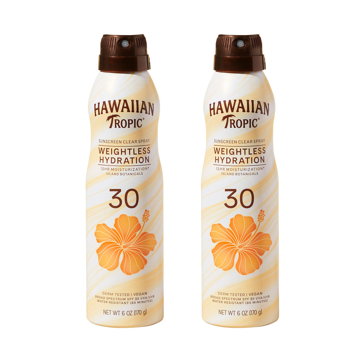 Hawaiian Tropic Weightless Hydration bottle front view with quick, invisible protection.