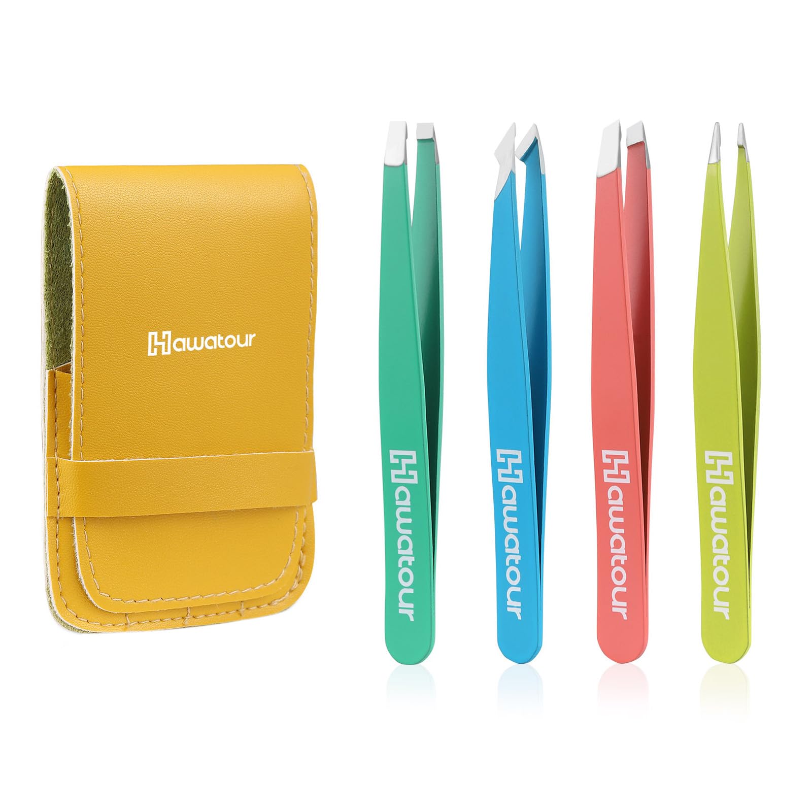 HAWATOUR four-piece tweezers set in a case for precise grooming on the go.