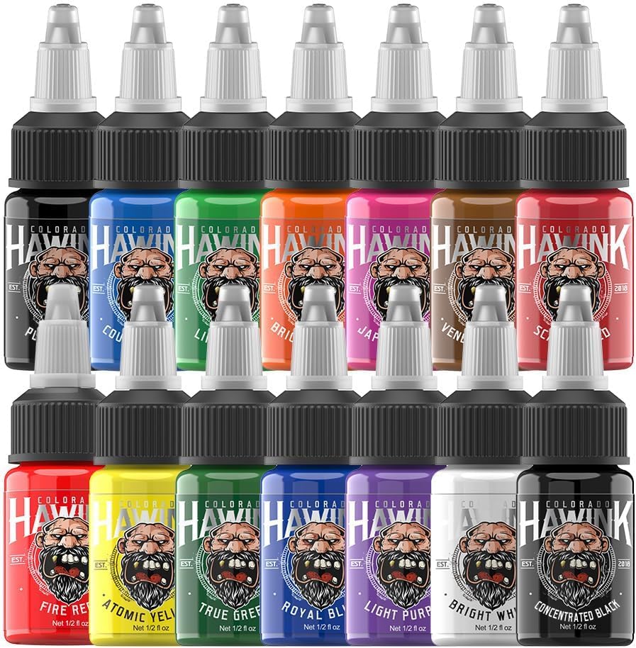 HAWINK tattoo ink set color swatches displaying vibrant pigments for shading.