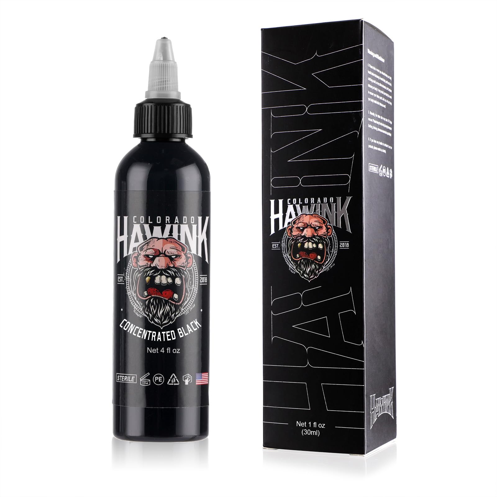 Tinta Hawink negra para tatuajes, frasco de 4oz, color intenso y estable.