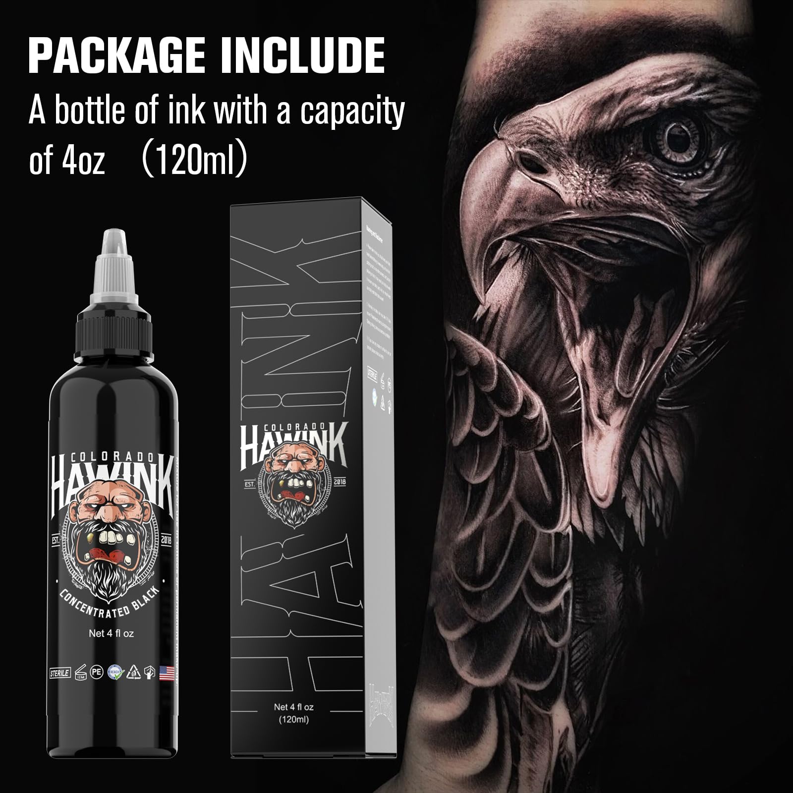 Etiqueta profesional de Hawink, tinta negra para tatuajes, seguridad y calidad garantizadas.