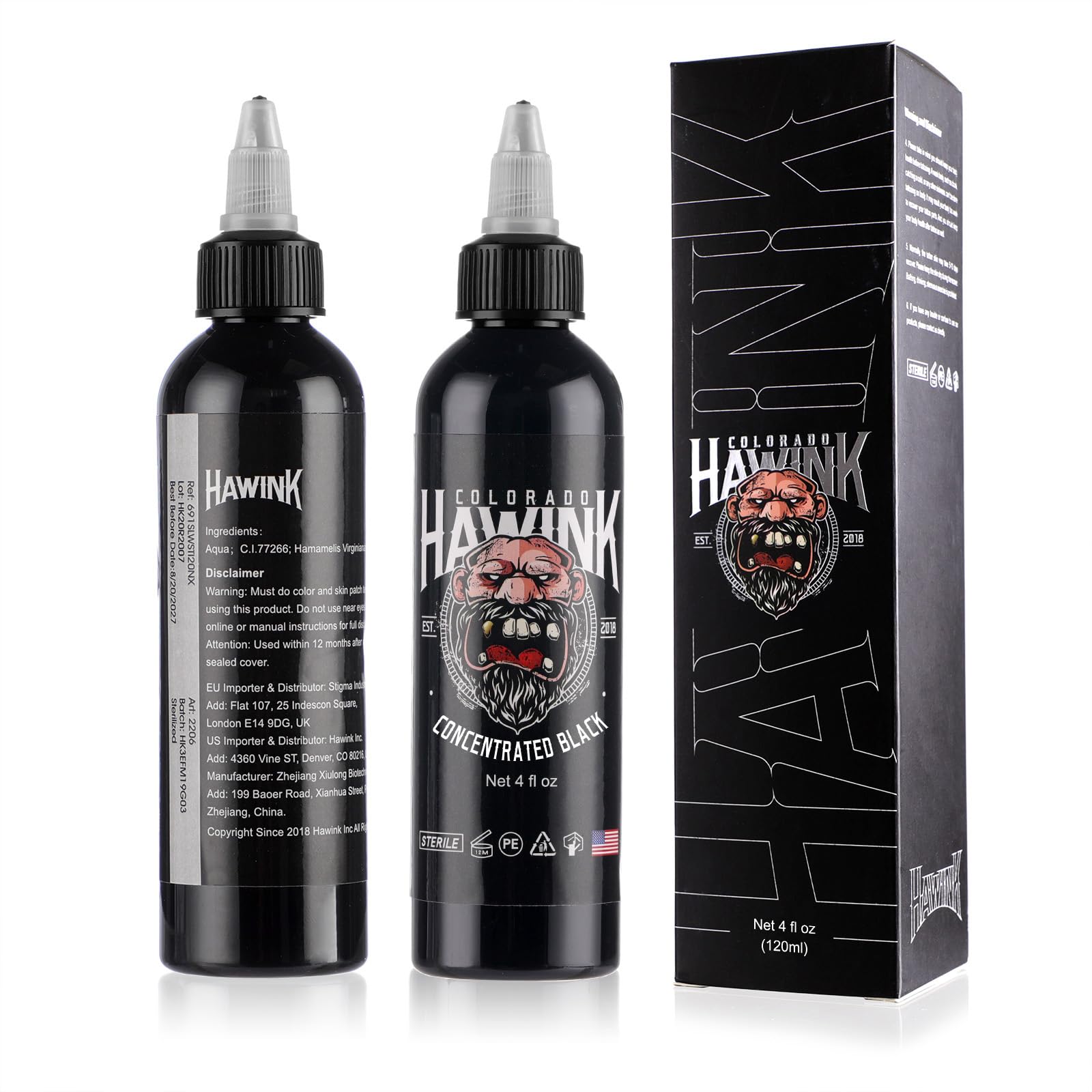 Tinta Hawink negra para tatuajes, frasco de 120ml, concentrada para aplicación rápida.