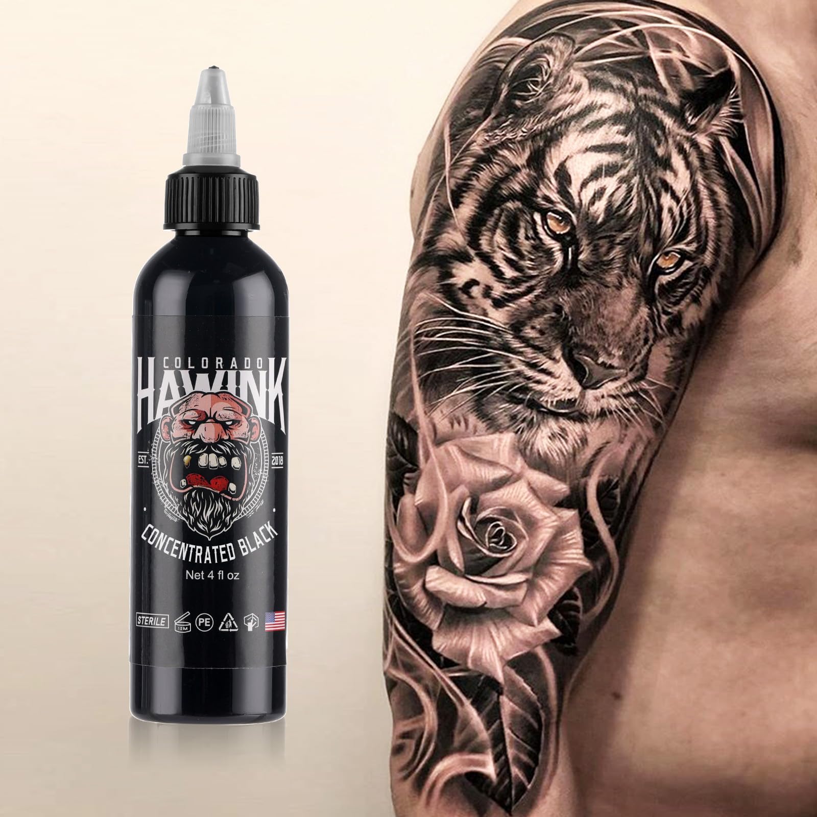 Sombreado dinámico con Hawink tinta negra para tatuajes, acabado duradero.