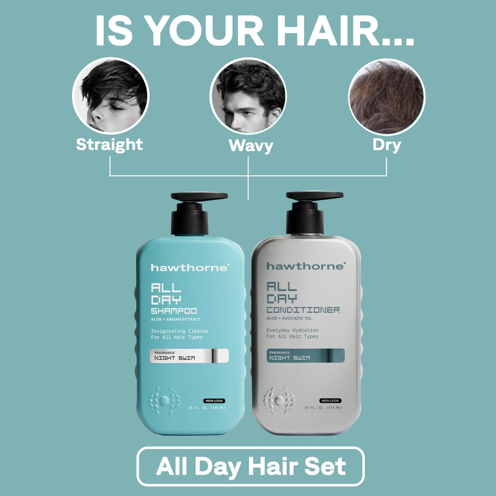 Hawthorne All Day Conditioner bottle close-up highlighting aloe and avocado hydration for softer hair.