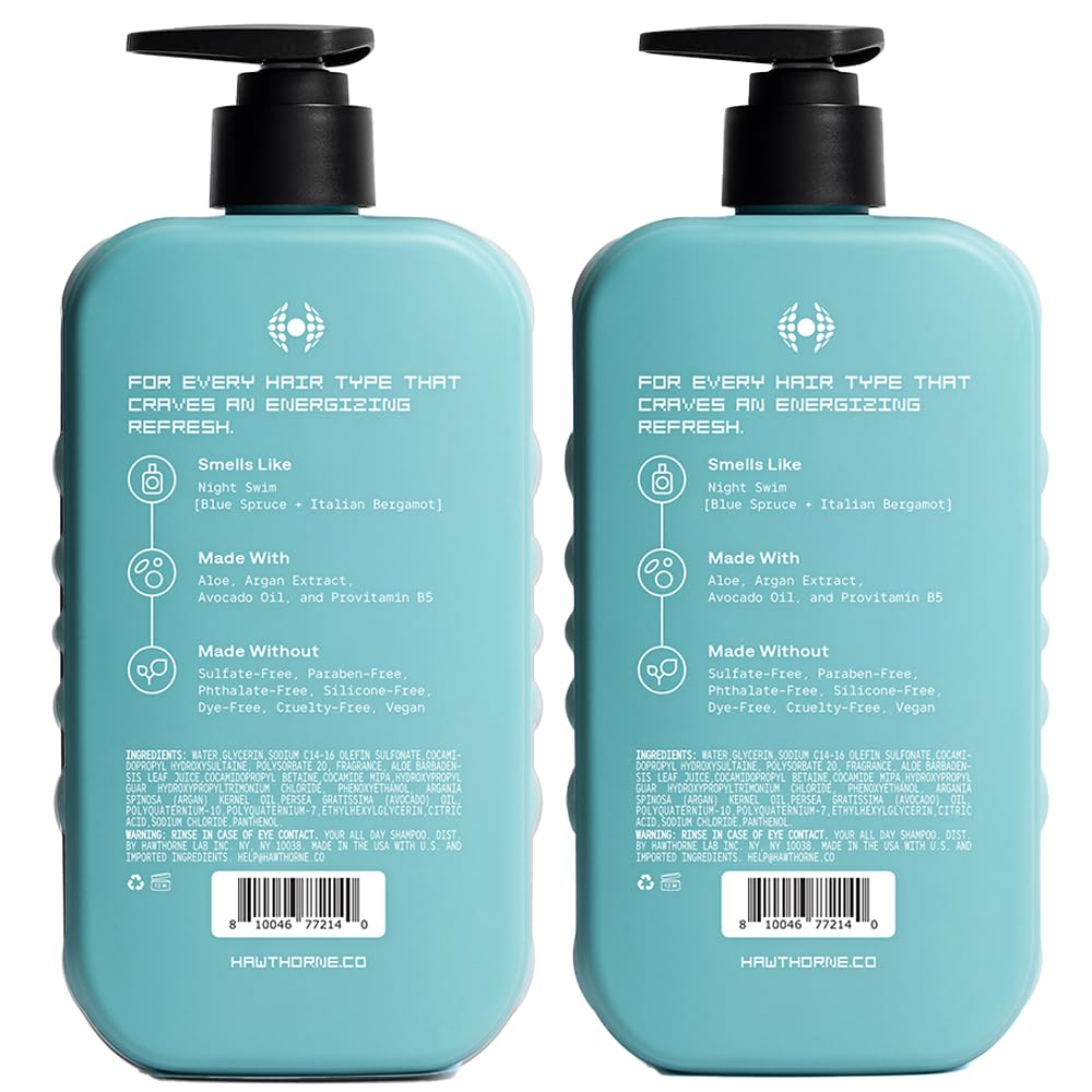 Hawthorne All Day shampoo packaging details cruelty-free and vegan values