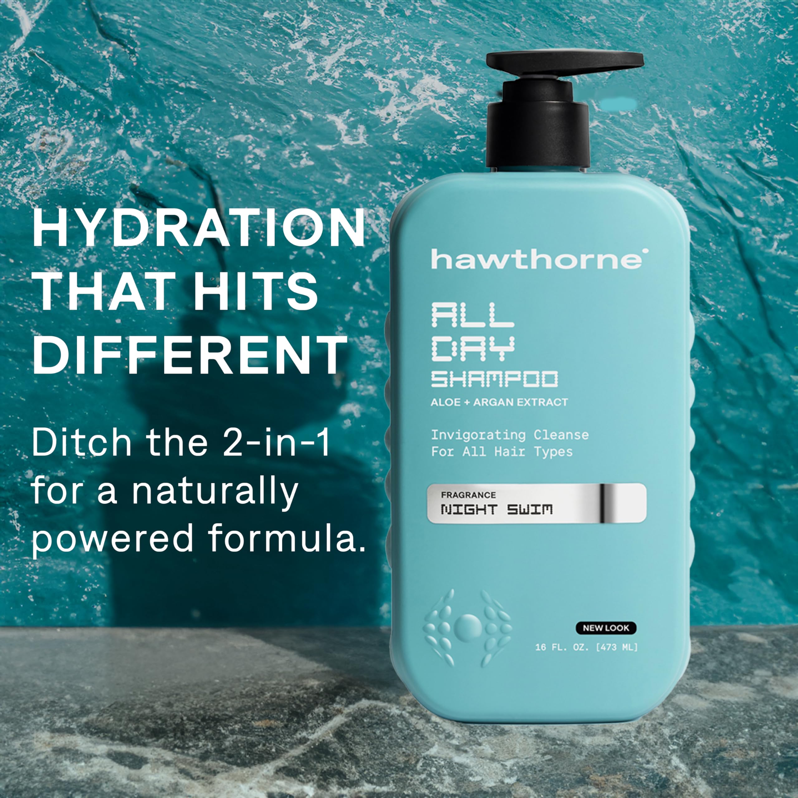 Hawthorne All Day shampoo pour scene showing generous 16 oz size for longer use
