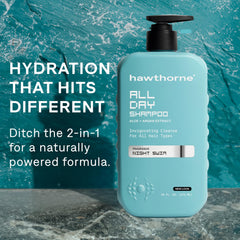 Hawthorne All Day shampoo pour scene showing generous 16 oz size for longer use