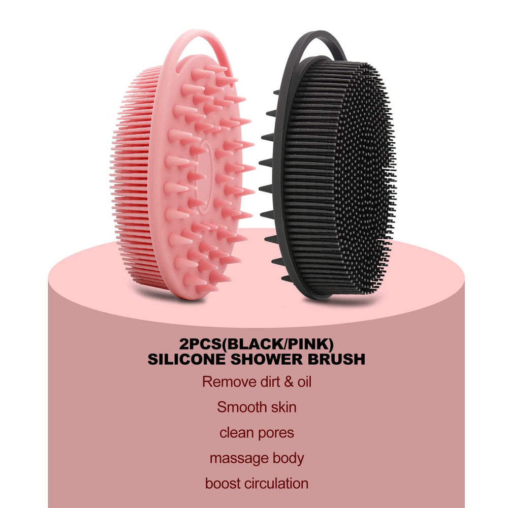 HAYSNA silicone body scrubber hangs in the shower for drying.