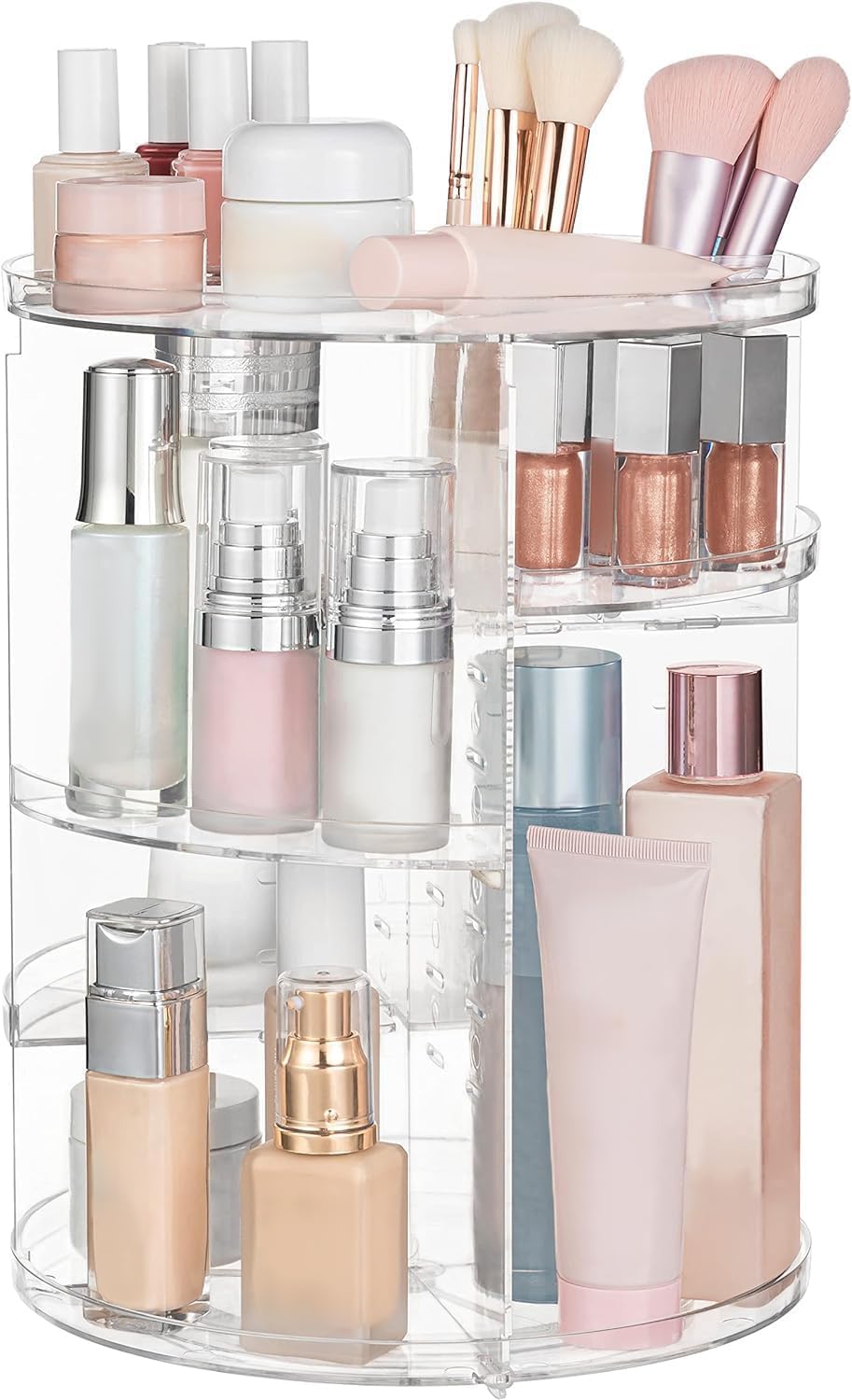 HBlife 360 rotating makeup organizer showing easy access to brushes and cosmetics for quick routines