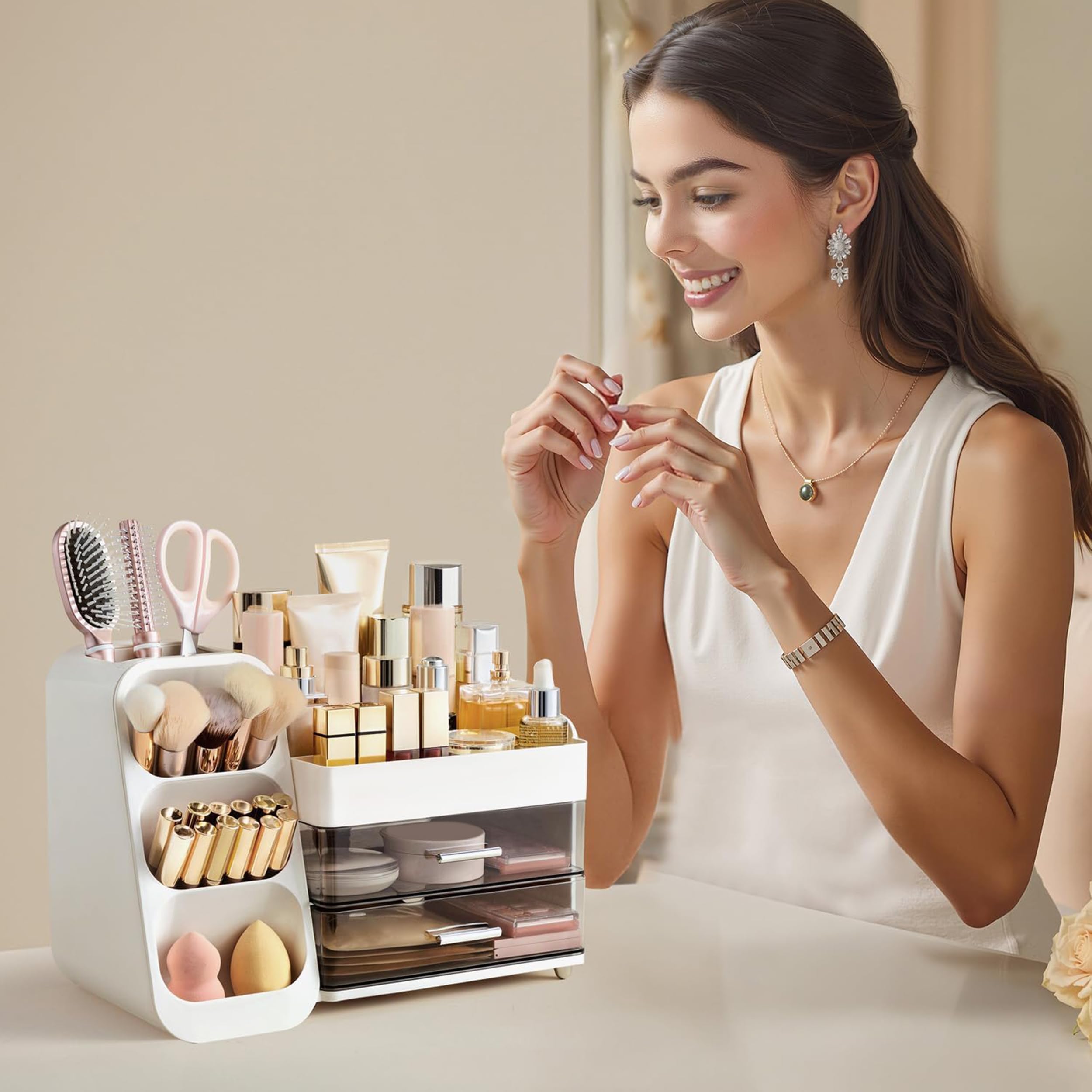 Easy-clean surface of HBlife makeup organizer wipes clean quickly.