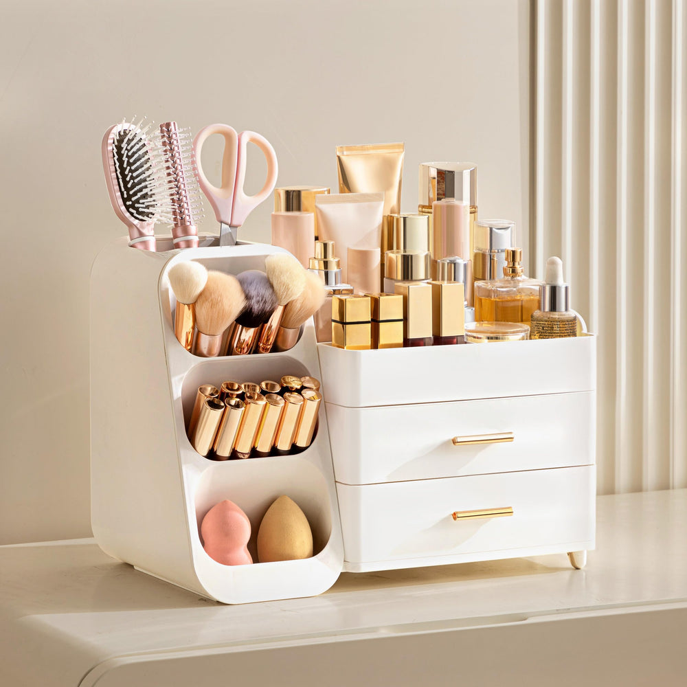 HBlife makeup organizer top compartments highlight cosmetics at a glance.