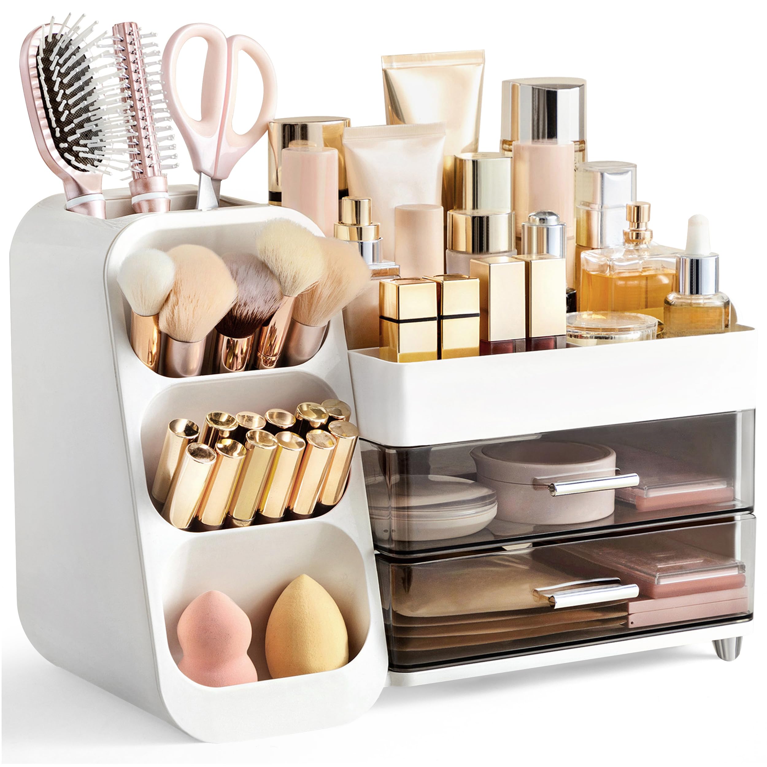 HBlife makeup organizer on vanity keeps cosmetics neatly accessible.