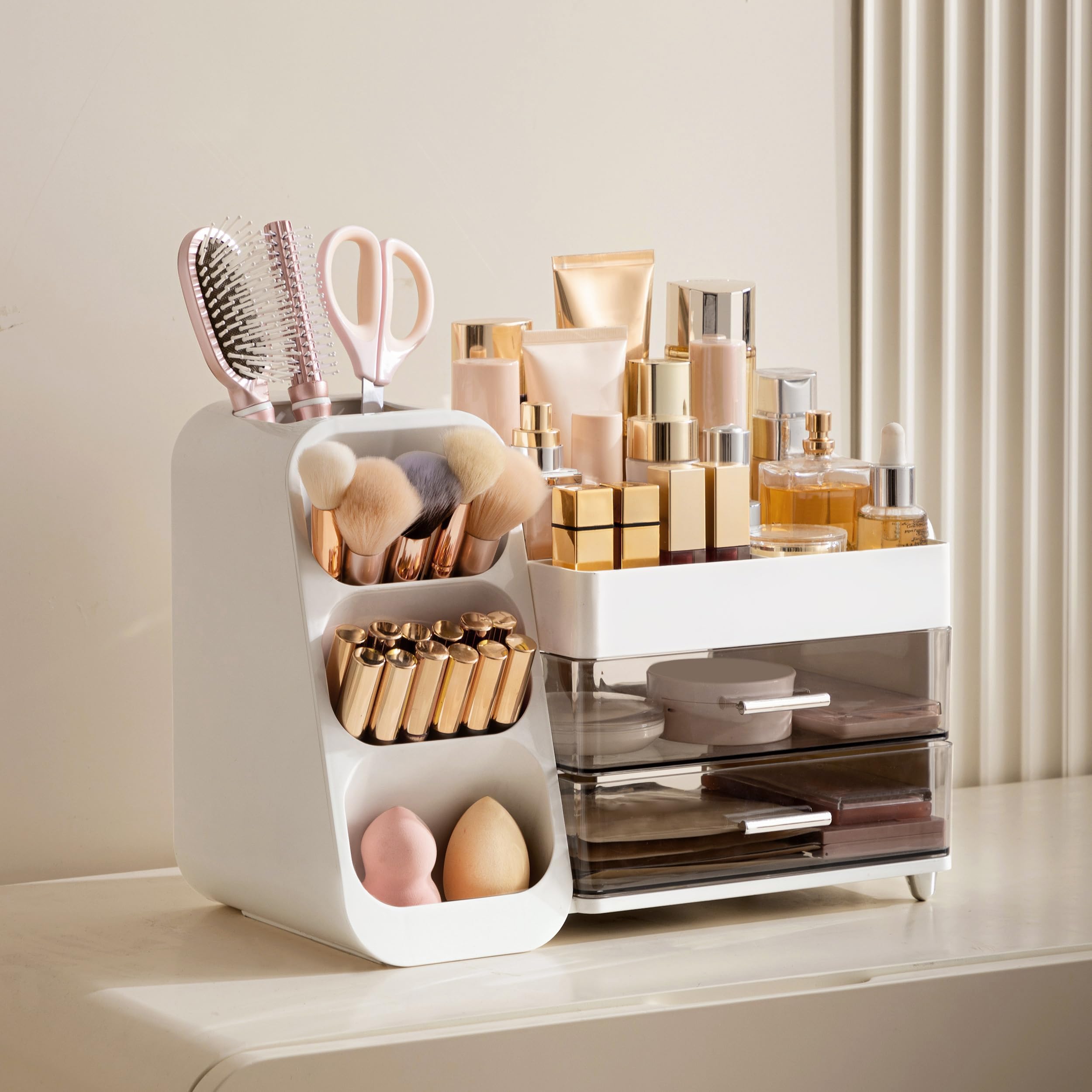 HBlife makeup organizer wide front view highlights sturdy construction and stable placement.