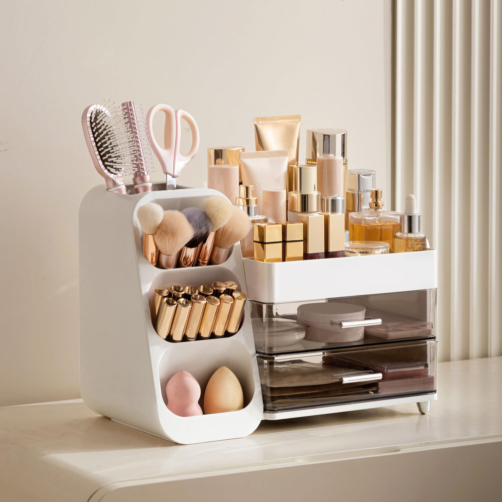 HBlife makeup organizer wide front view highlights sturdy construction and stable placement.