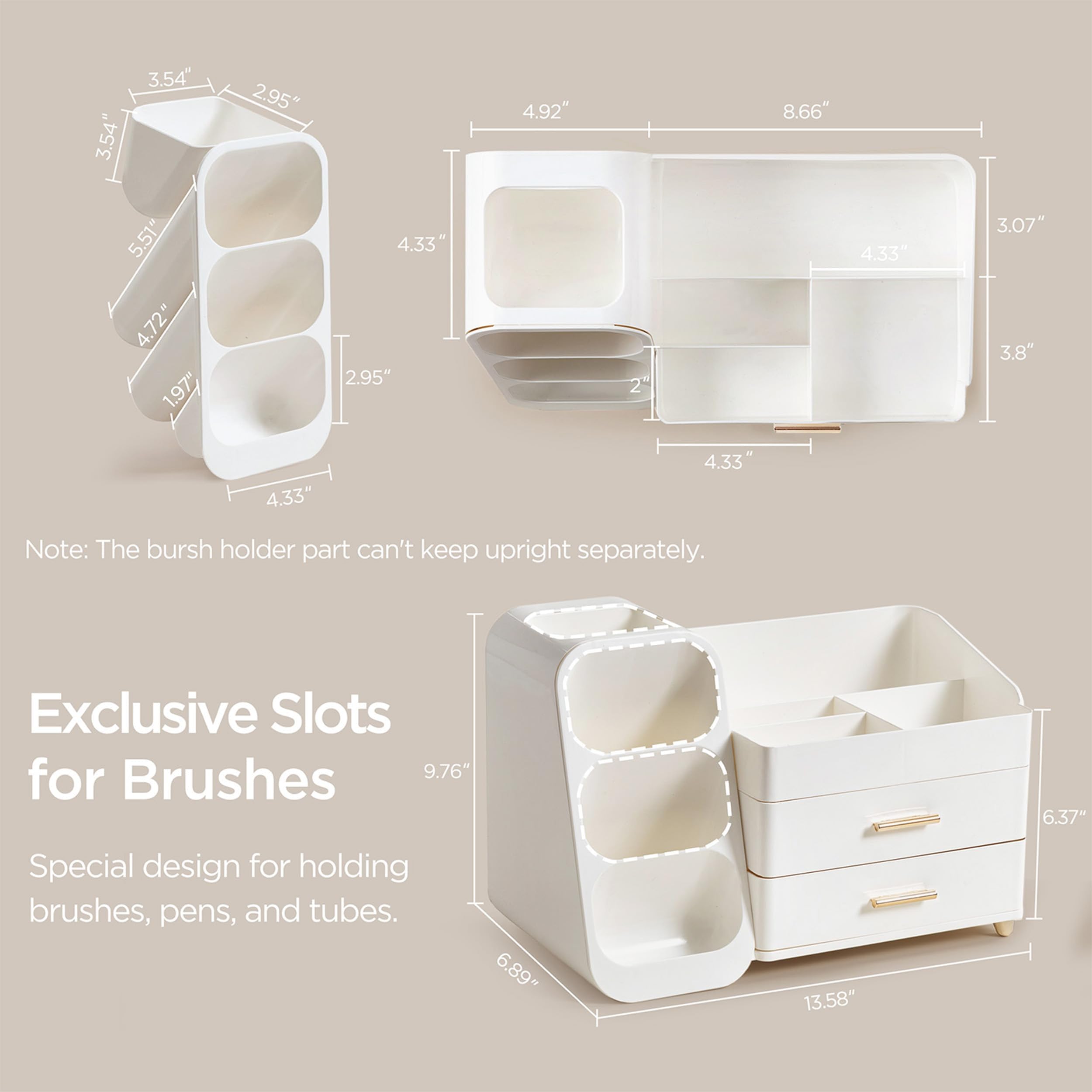 HBlife left-brush-slots provide tidy tool storage for mornings.
