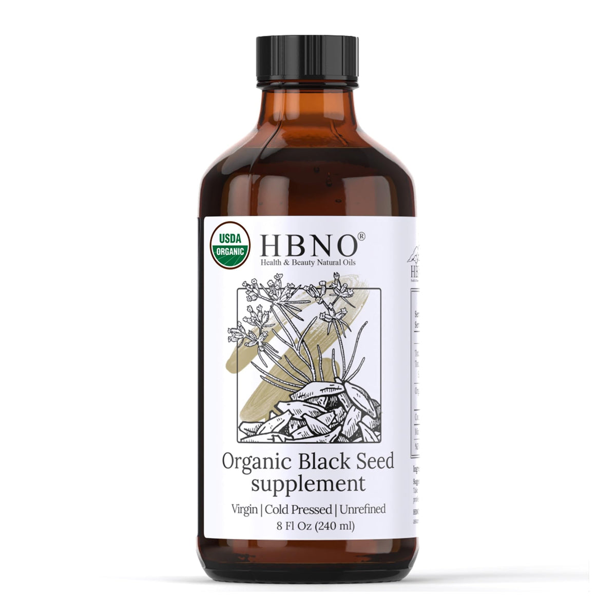 HBNO Aceite Orgánico de Semilla Negra en frasco de 240 ml para uso diario en piel y cabello.
