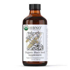 HBNO Aceite Orgánico de Semilla Negra en frasco de 240 ml para uso diario en piel y cabello.