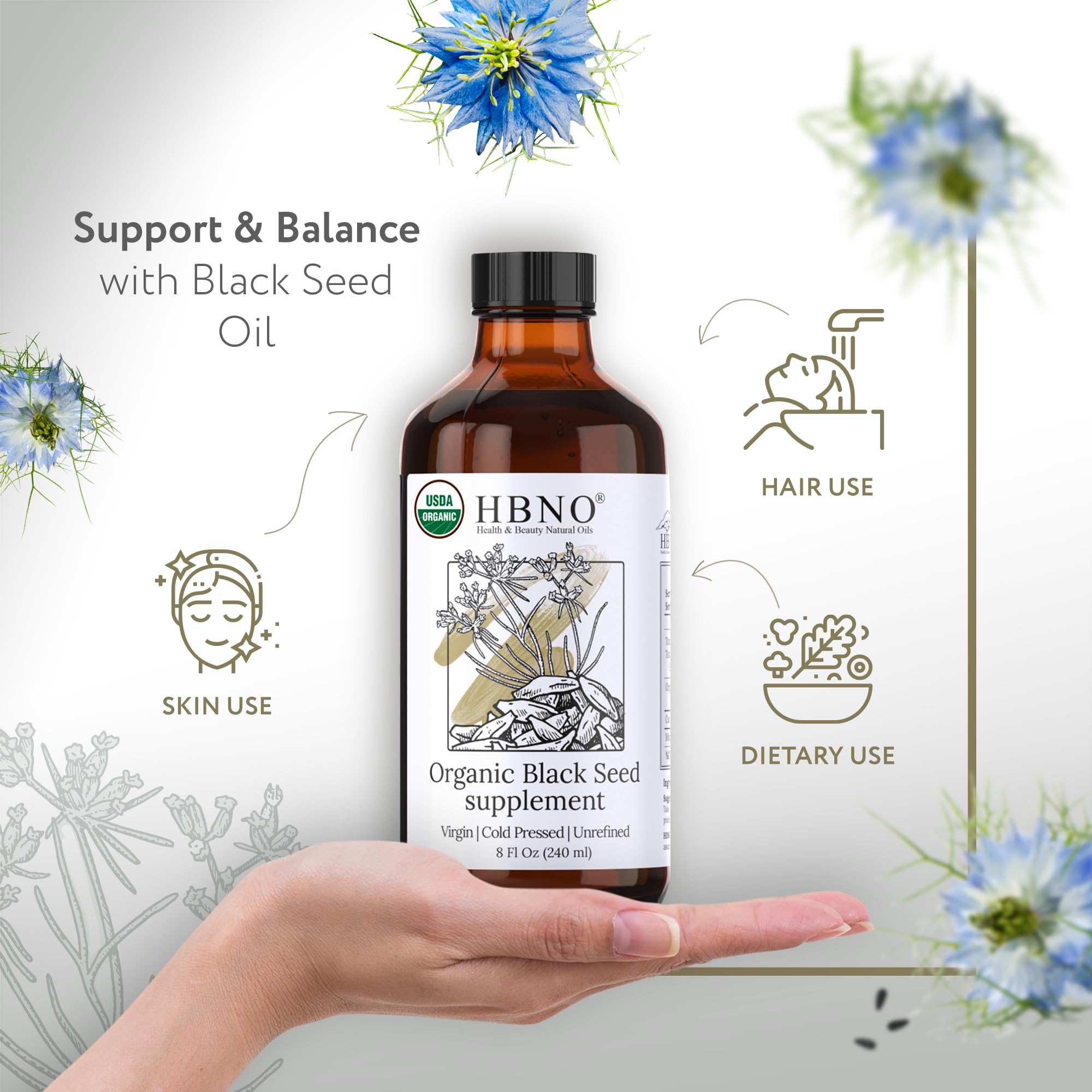 HBNO Aceite Semilla Negra Orgánico – vertido suave para aplicación facial y corporal.