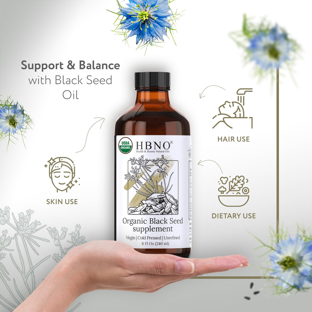 HBNO Aceite Semilla Negra Orgánico – vertido suave para aplicación facial y corporal.