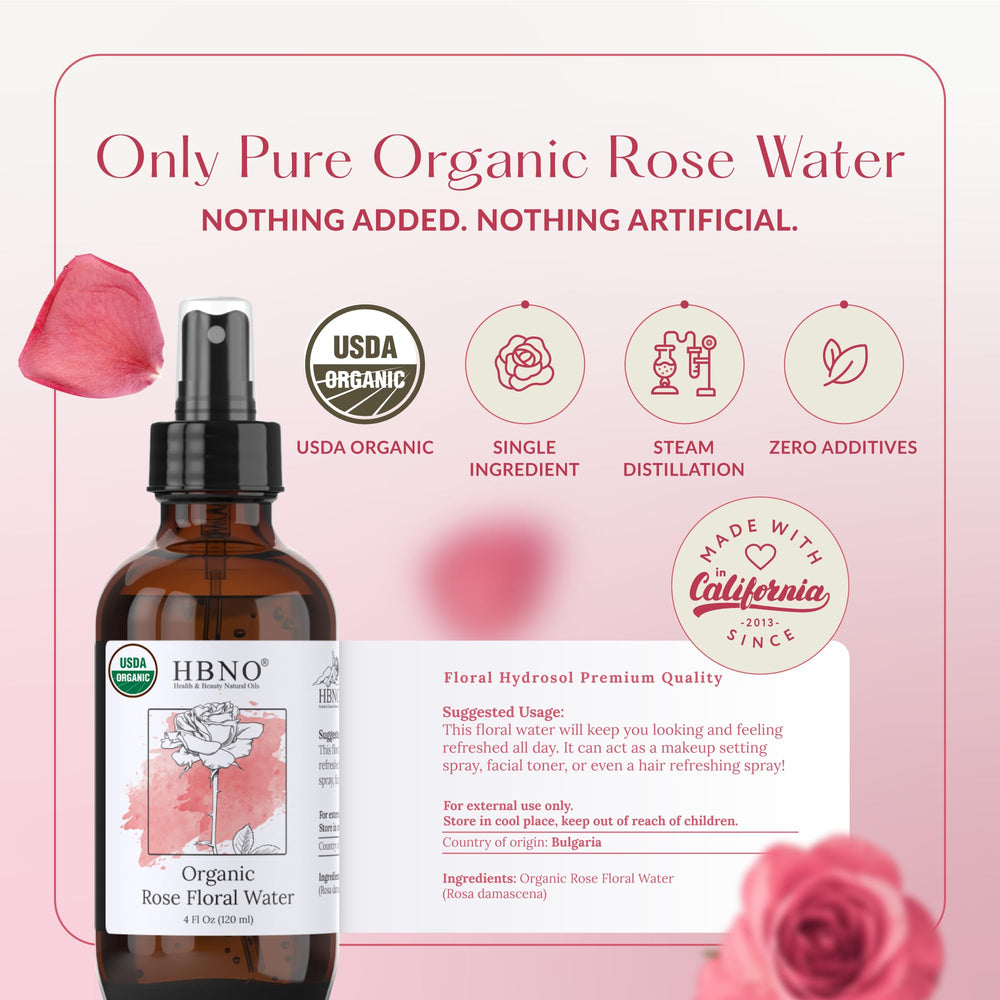 HBNO agua de rosas orgánica, atomizador, fijar maquillaje y refrescar.