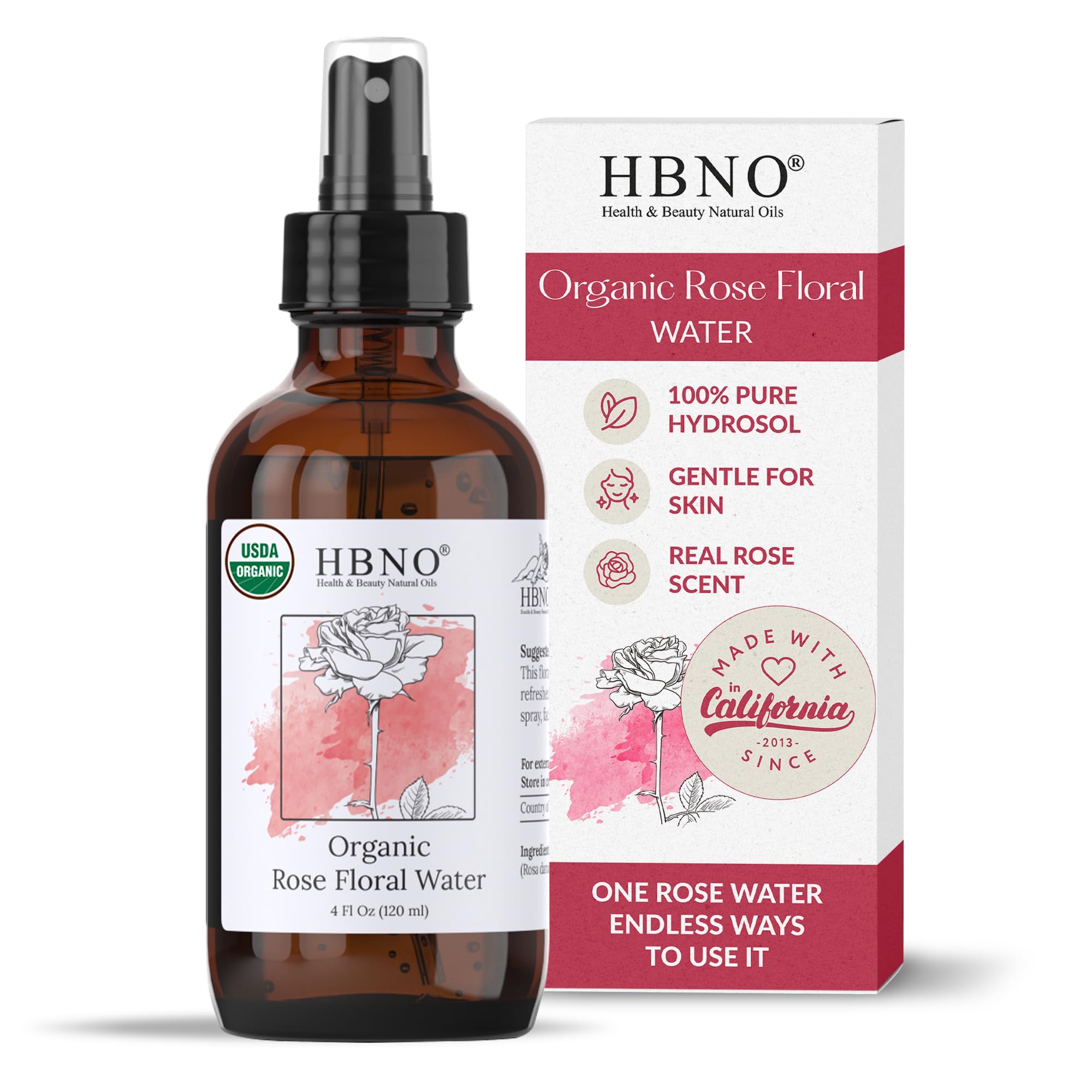HBNO agua de rosas orgánica, botella, cuidado facial suave y refrescante.