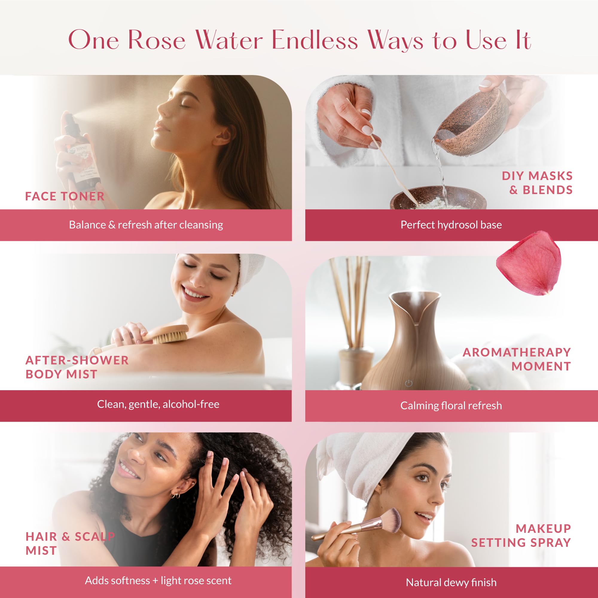 HBNO agua de rosas orgánica, uso capilar, aroma suave para cabello.