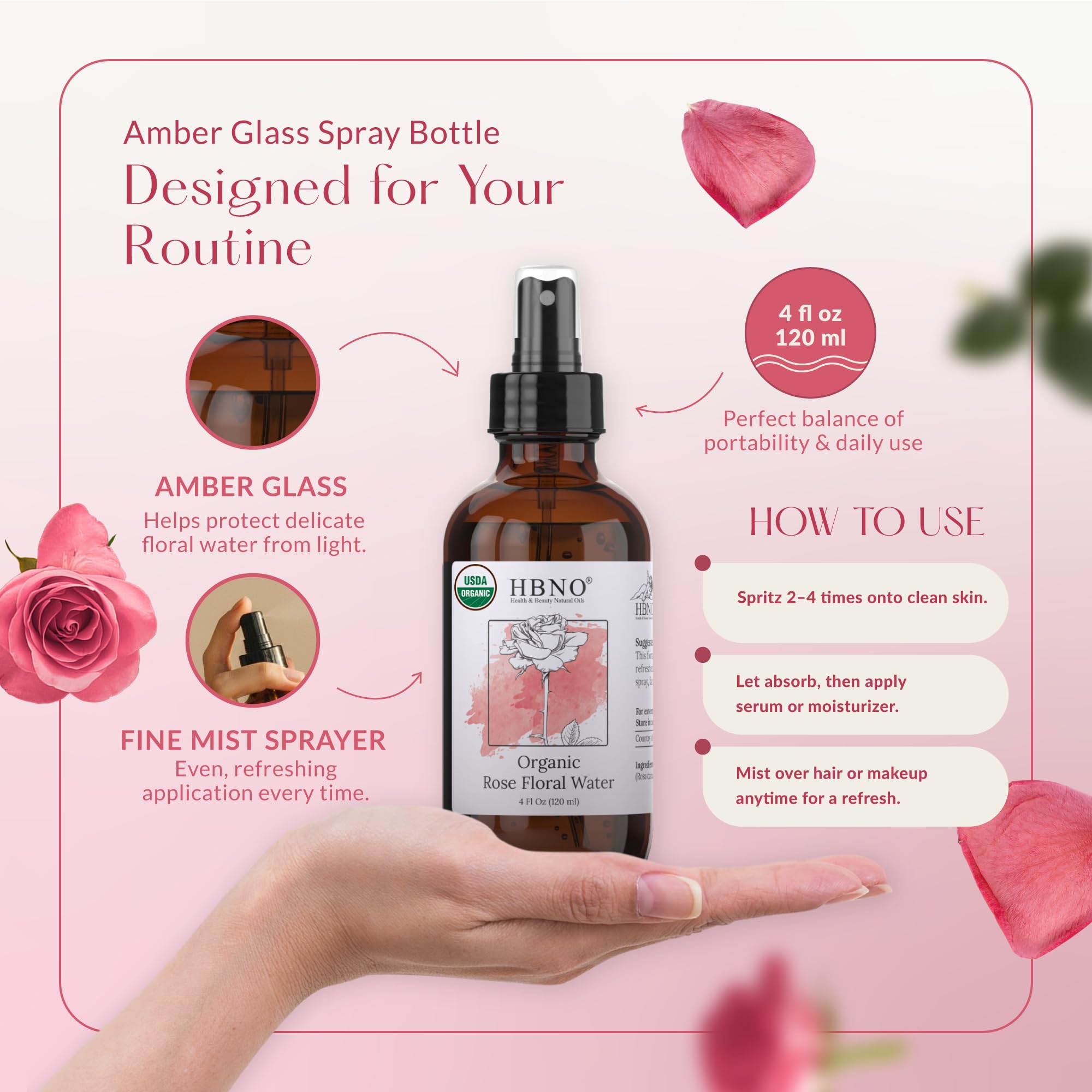 HBNO agua de rosas orgánica, botella en EEUU, producción cuidadosa.