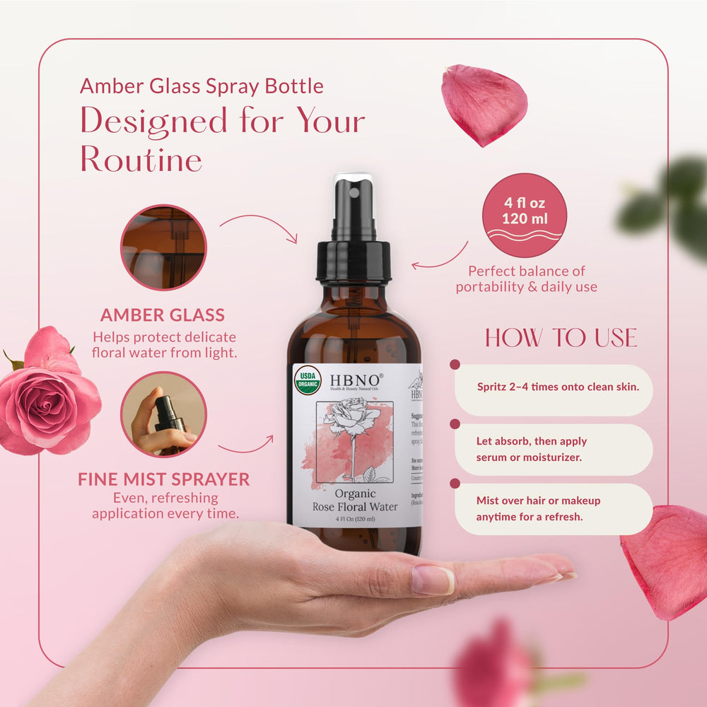HBNO agua de rosas orgánica, botella en EEUU, producción cuidadosa.