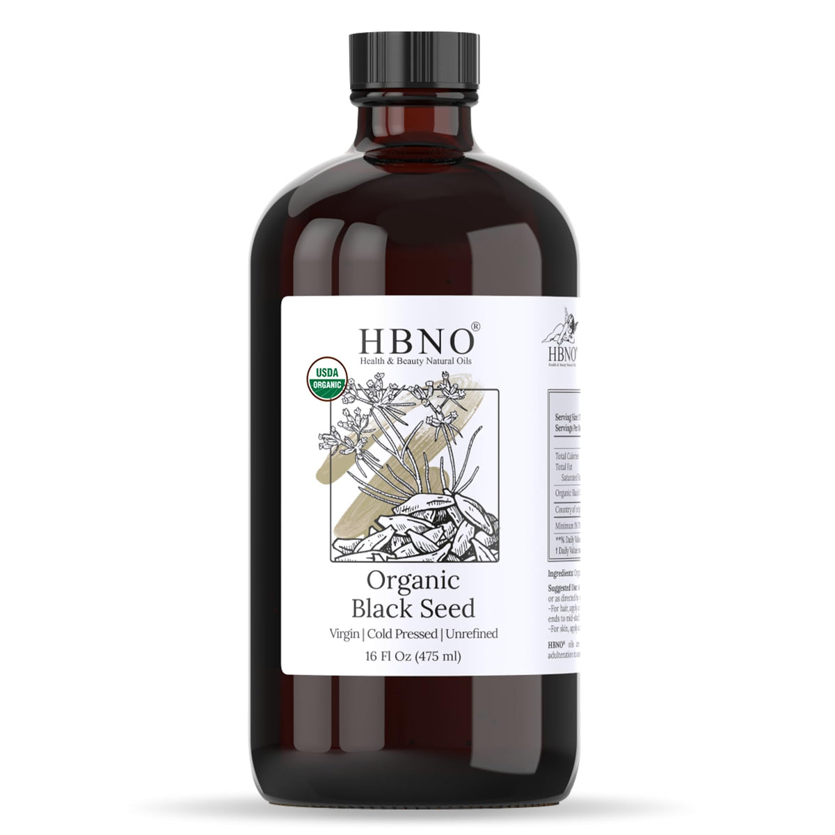 HBNO Organic Black Seed Oil 16oz bottle for versatile skin and hair care