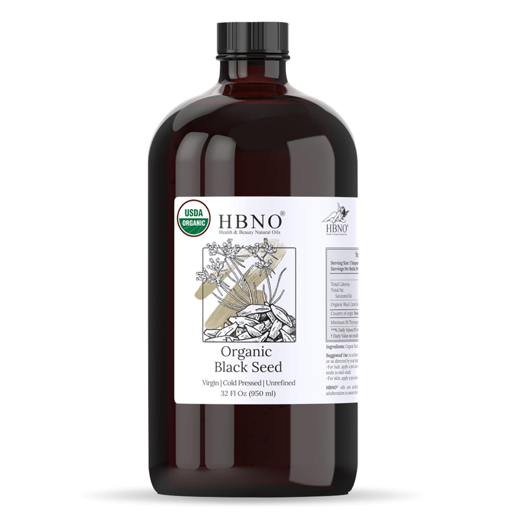 HBNO Organic Black Seed Oil 32oz bottle on countertop for versatile skincare and haircare