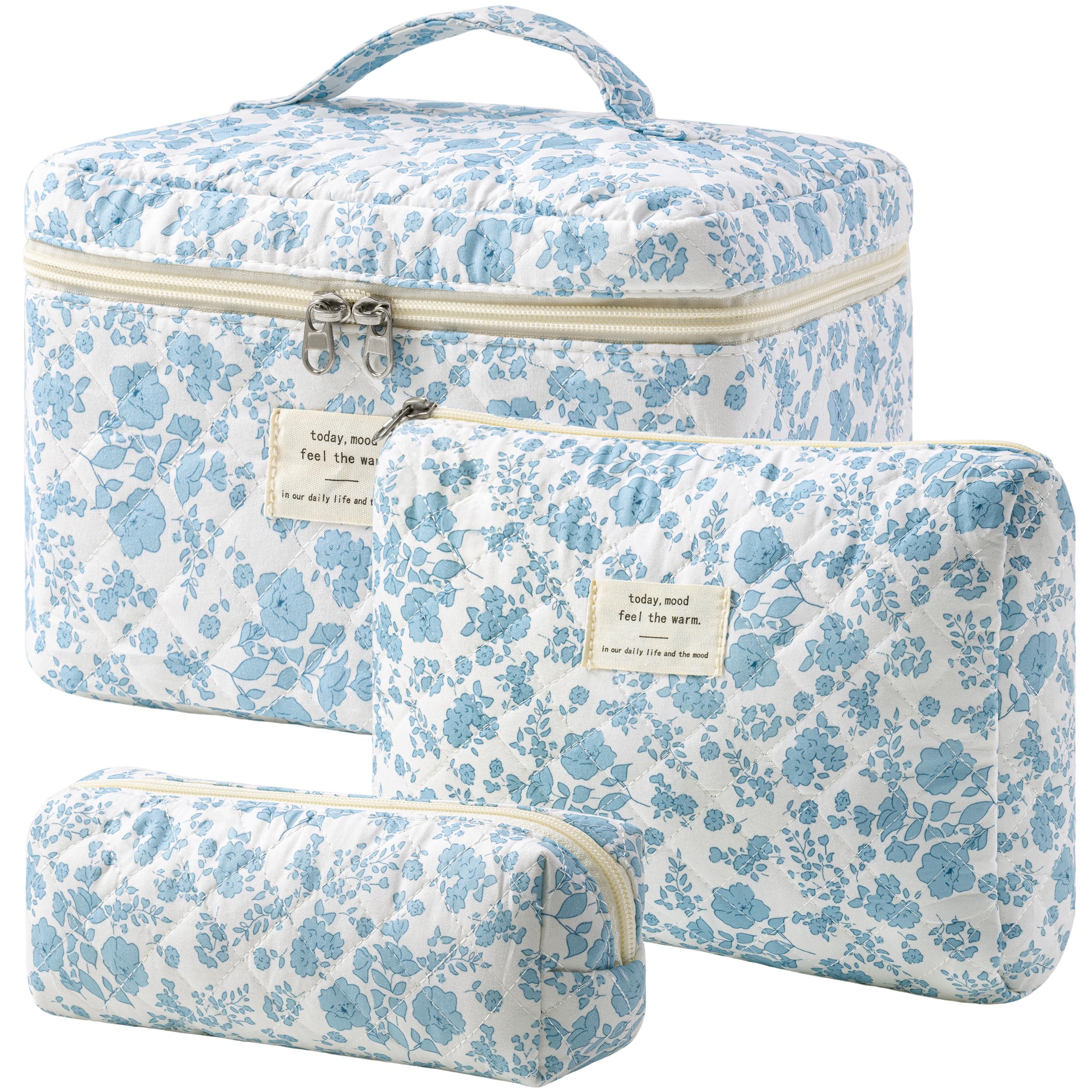 HBselect quilted makeup bag with floral pattern front view for organized cosmetics on travel.
