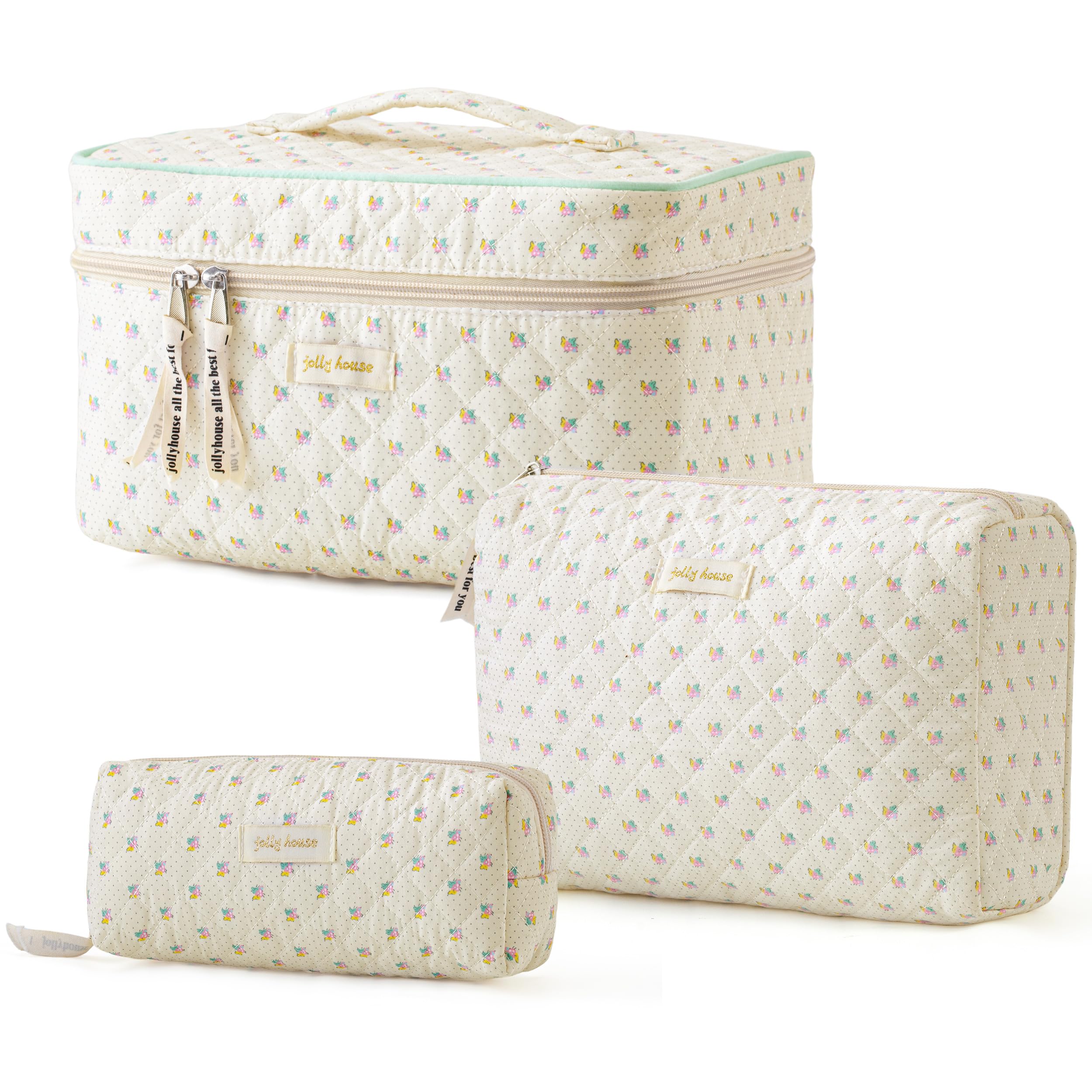 HBselect quilted makeup bag with floral pattern, roomy for cosmetics.