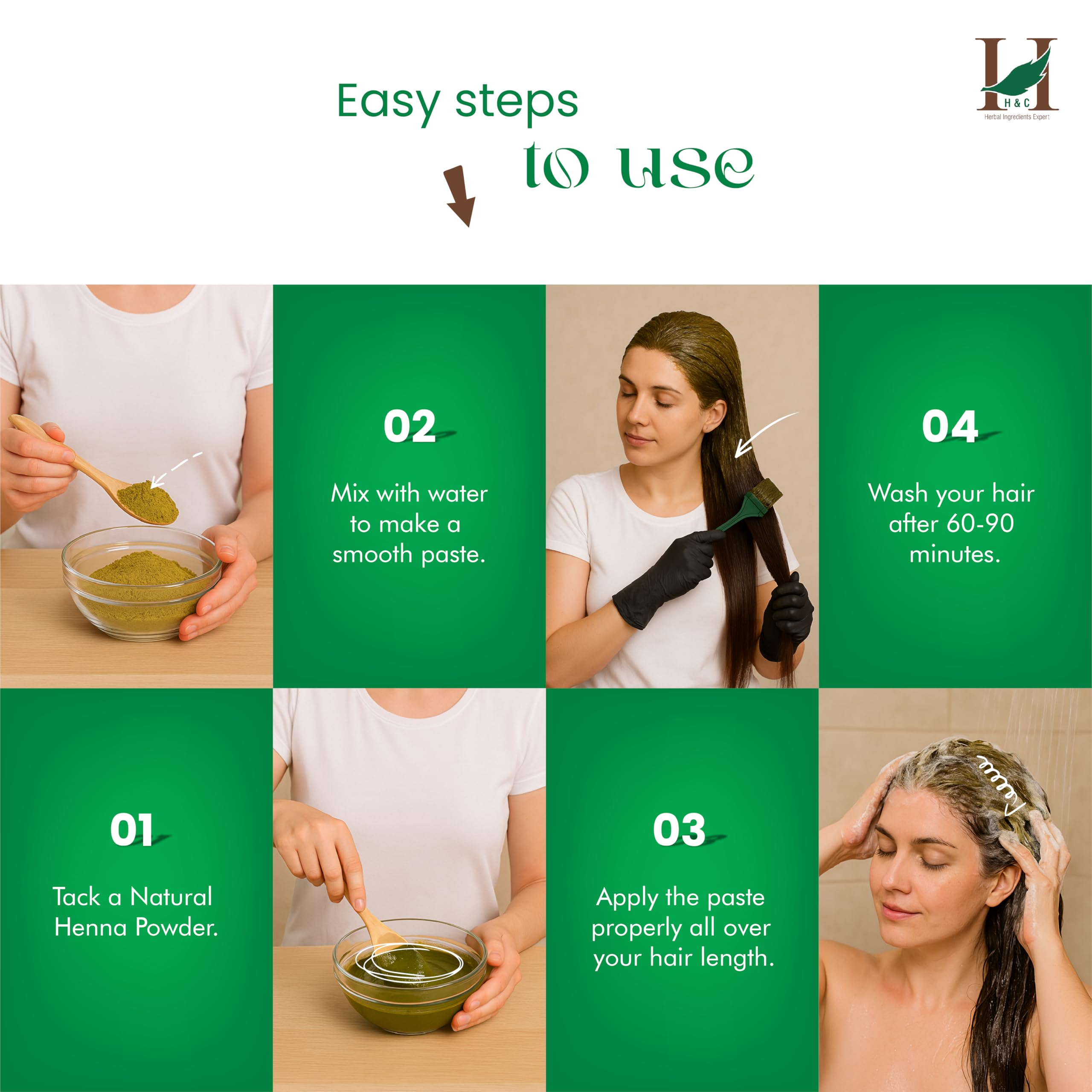 H&C henna powder applied to hair for natural color and conditioning
