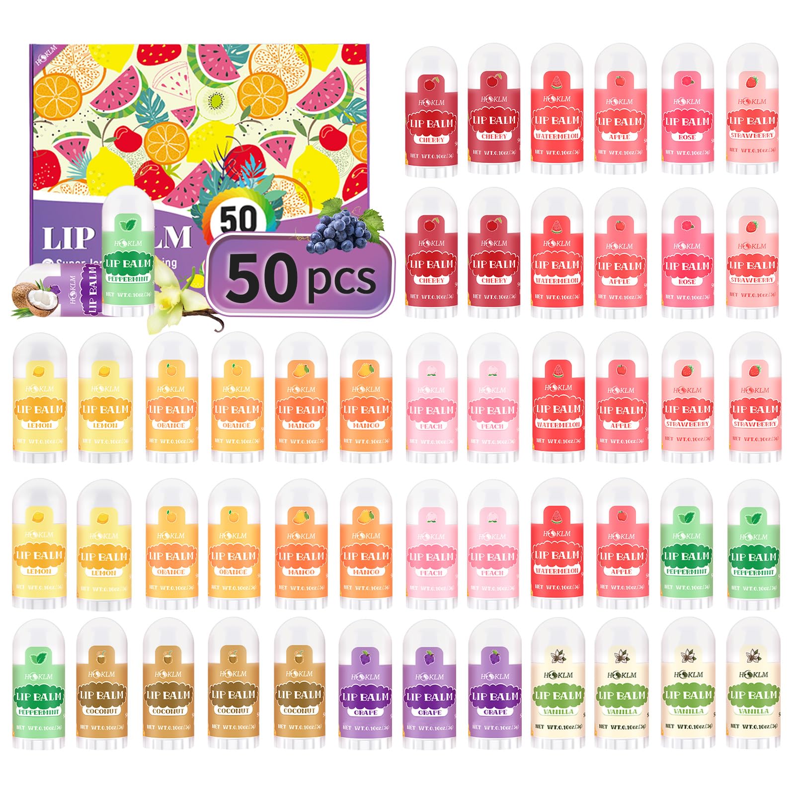 Bálsamo labial HCKLM 50 unidades con sabores variados para hidratación diaria.